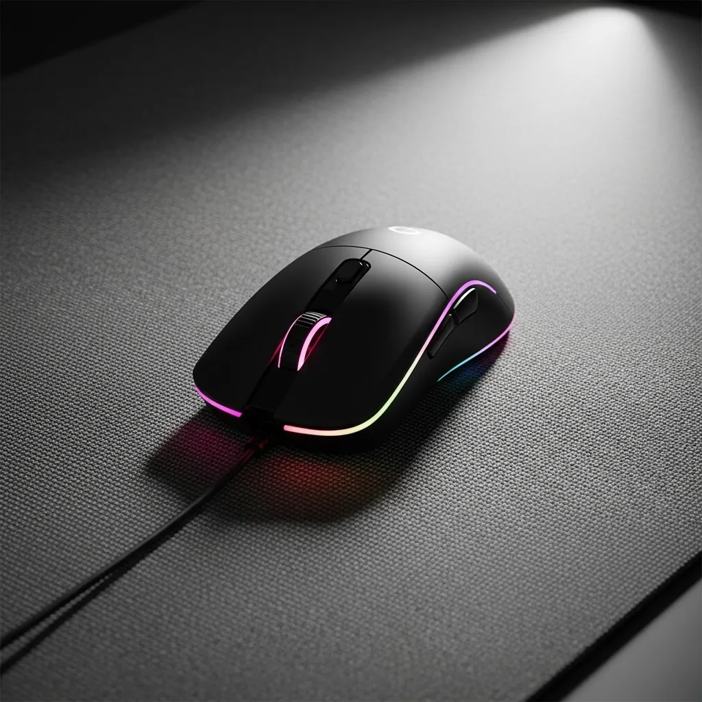 Close-up, high-angle shot of a clean, high-quality gaming mouse gliding smoothly across a brightly lit, textured black mousepad, focusing only on the smooth tracking surface with no human hands visible.