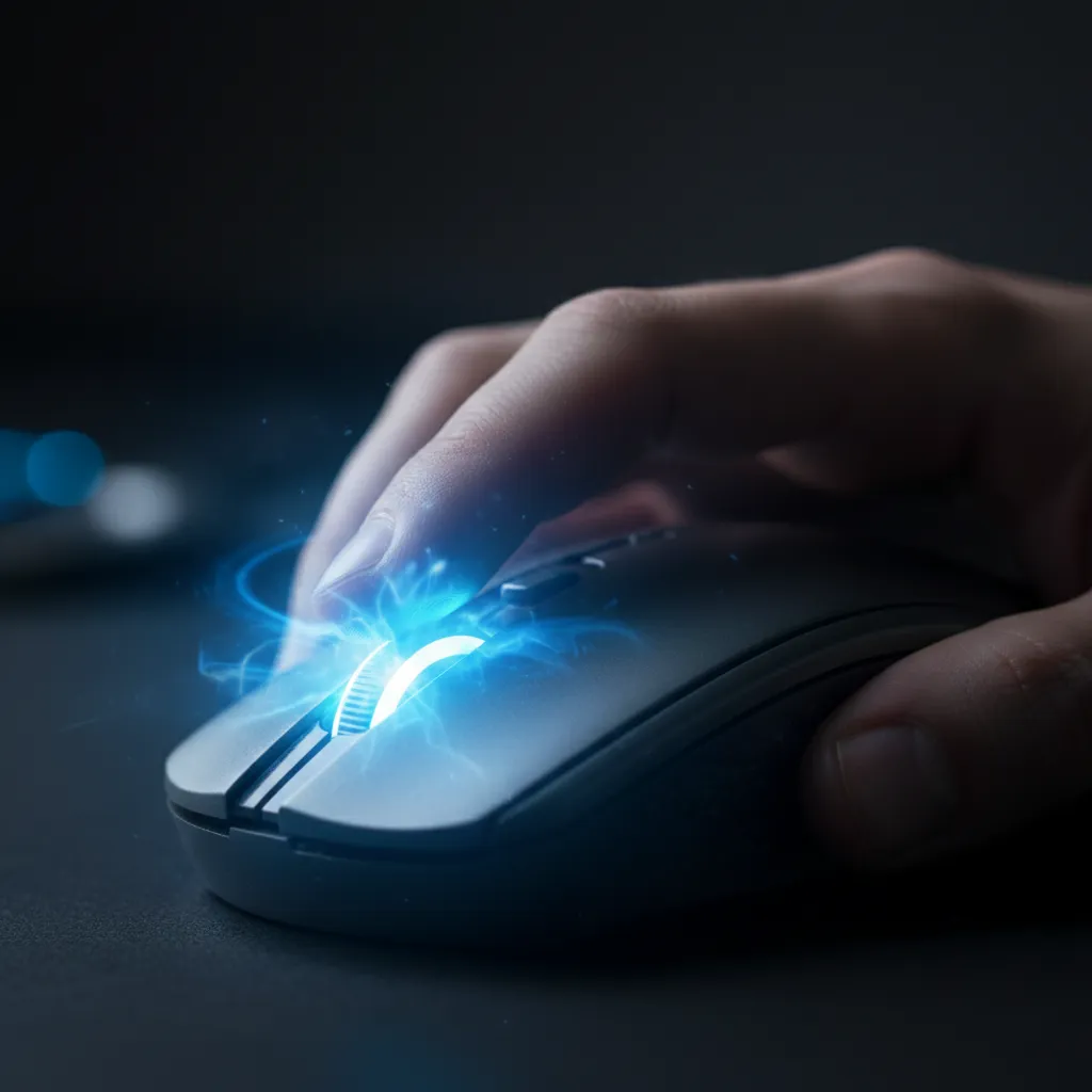 Close-up, high-contrast shot of a finger hovering just above a mouse button, illuminated by a blue glow representing low latency data transfer, no text, no words, no typography