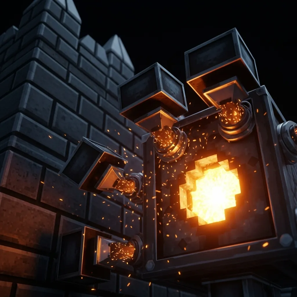 Close-up, low-angle shot of a glowing, active Crafter block with multiple hoppers feeding into it, set against a dark, secure Factions base wall, no text, no words, no typography
