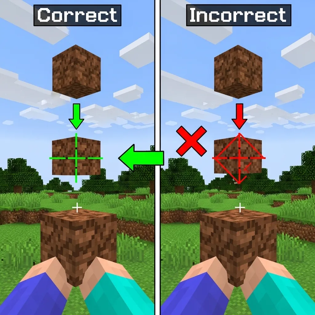 Diagram showing correct and incorrect crosshair placement for a vertical block placement. Minecraft