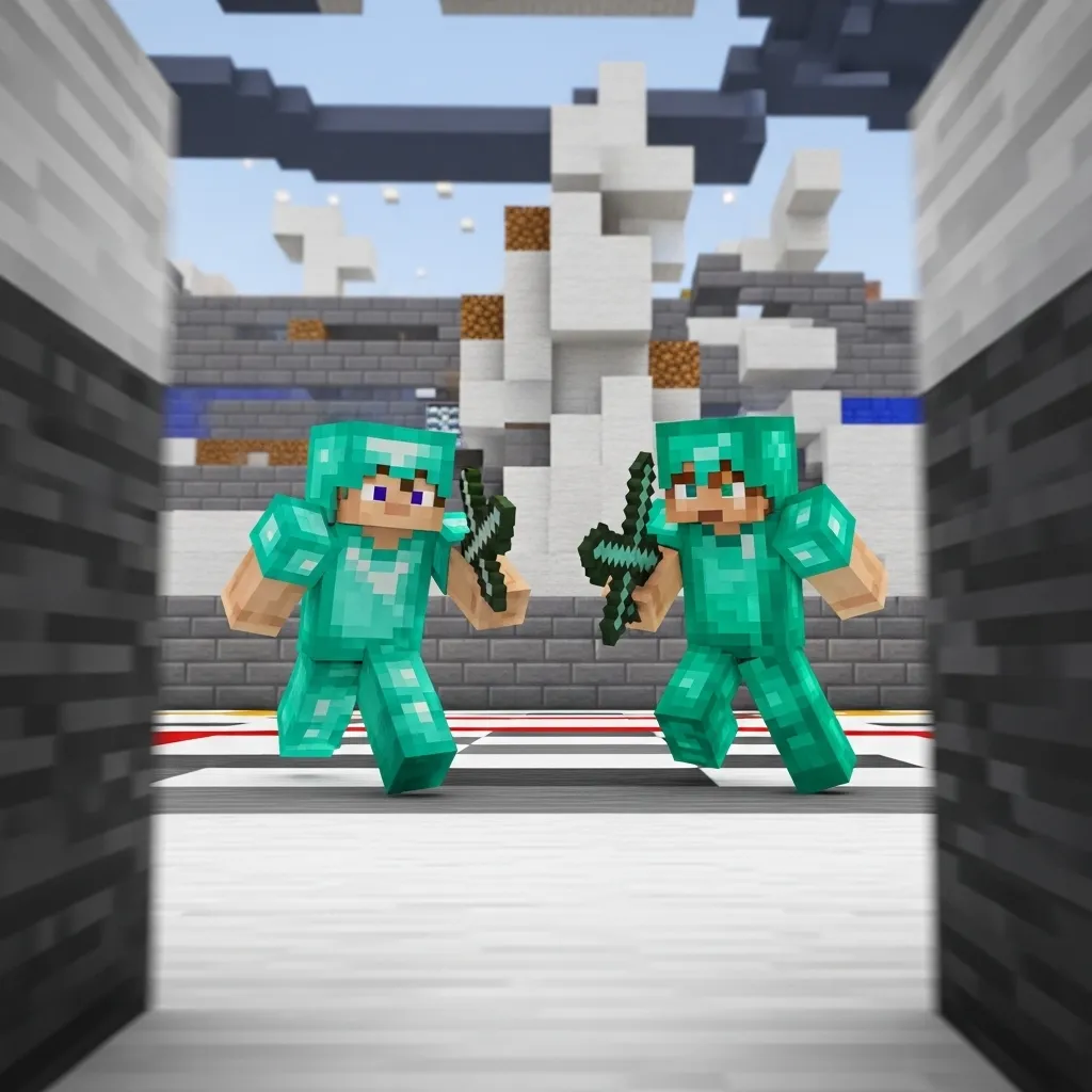 Dynamic shot of two Minecraft players strafing rapidly in a bright, competitive arena, showing motion blur on the sides, illustrating wide vs tight movement. no text, no words, no typography