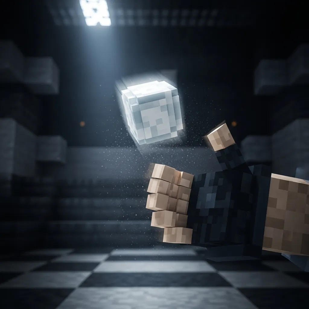 Extreme close-up, low-angle shot of a Minecraft player's gloved hand just releasing a white snowball towards the camera in a dark PvP arena, sharp focus on the projectile, cinematic volumetric lighting, no text, no words, no typography