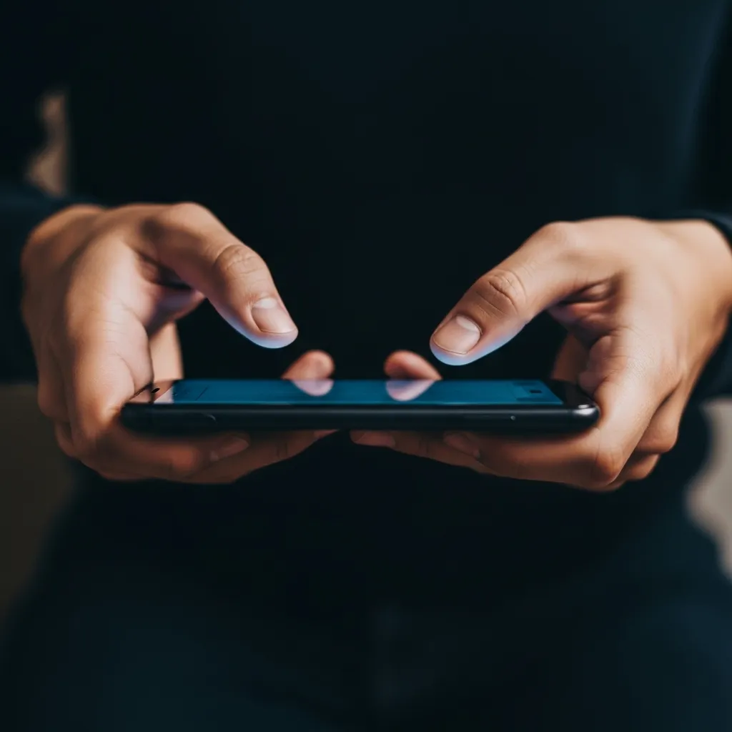 highly detailed overhead view of hands holding a standard smartphone, showing the tips of the index fingers precisely positioned focused lighting, no text, no words, no typography. simple and to the point no fuss