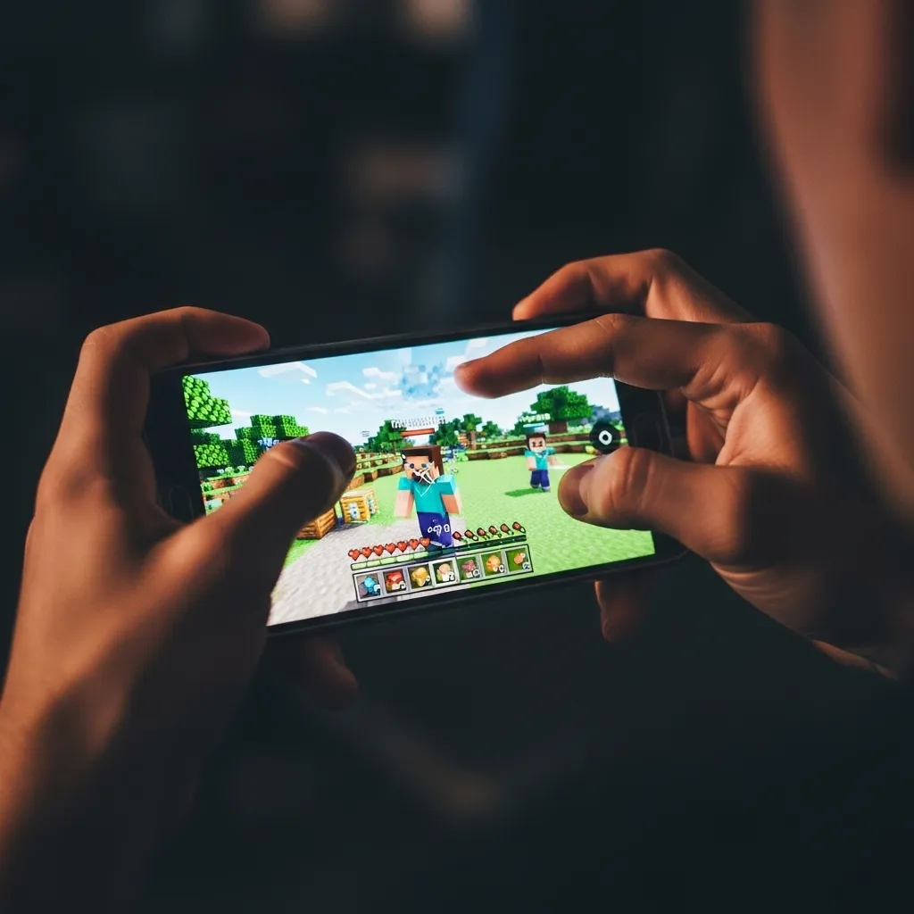 highly dynamic, low-angle shot of a gamer's hands gripping a smartphone with four fingers (two thumbs, two index fingers) playing Minecraft Bedrock PvP, emphasizing the quick tapping of the index fingers on the screen, low light, no text, no words, no typography