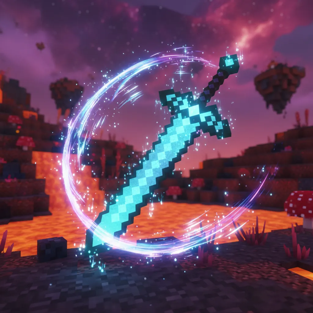 highly enchanted netherite sword glowing with sweep n slash particle effects