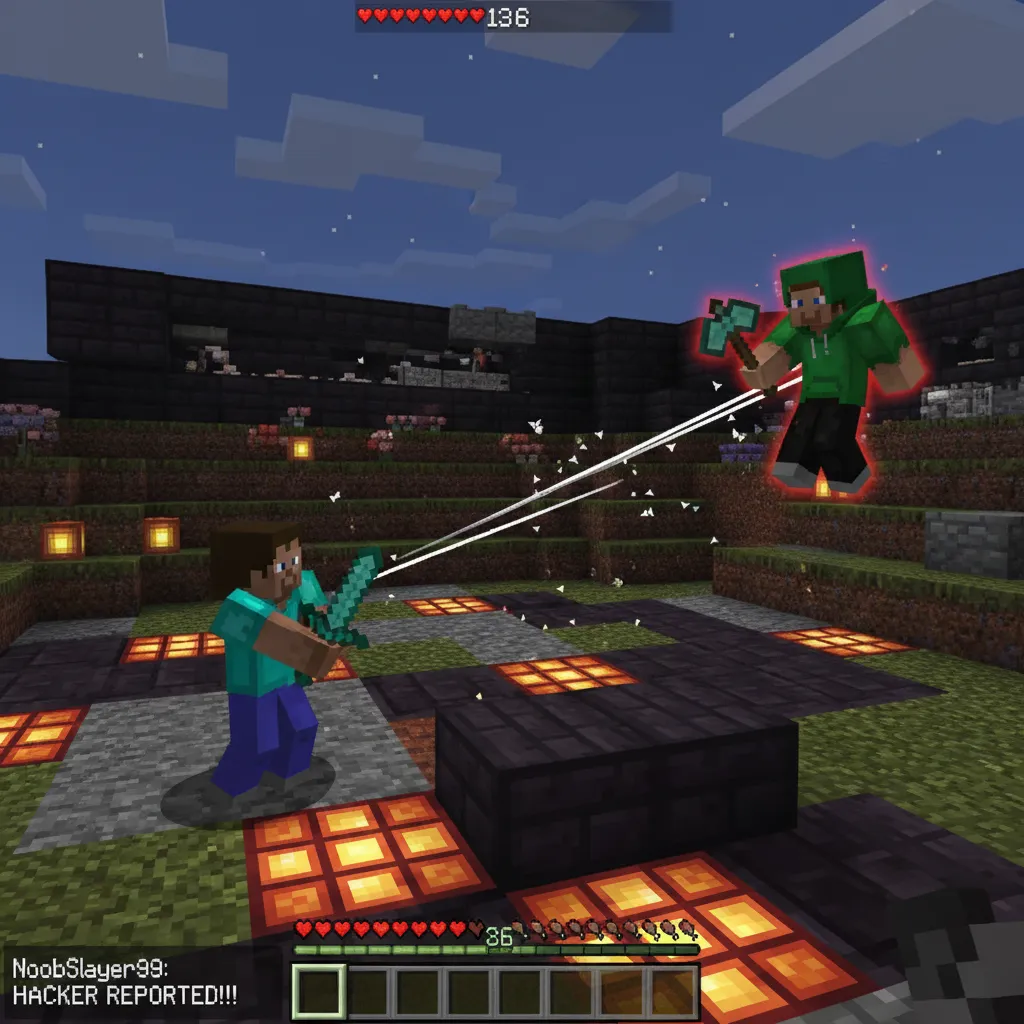 Minecraft Bedrock player fighting another player, with the alleged hacker maintaining an unusual distance while hitting