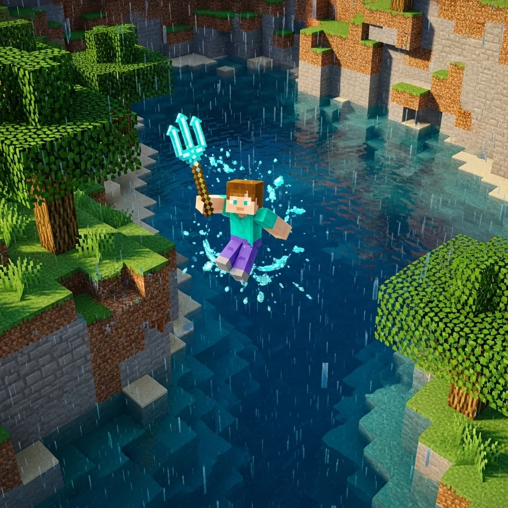 Minecraft Bedrock player performing Riptide trident movement repeatedly in a deep river