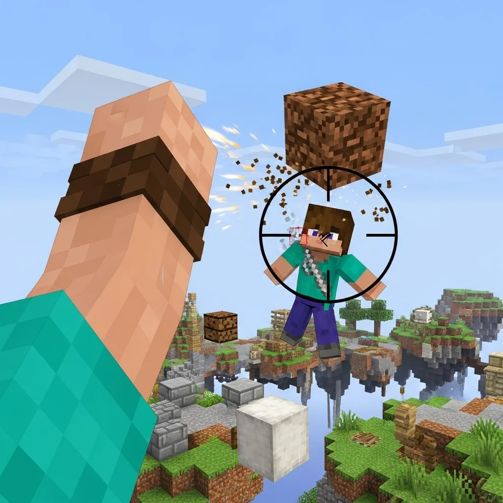 Minecraft Bedrock PvP player instantly placing a block above an opponent's head mid-combo