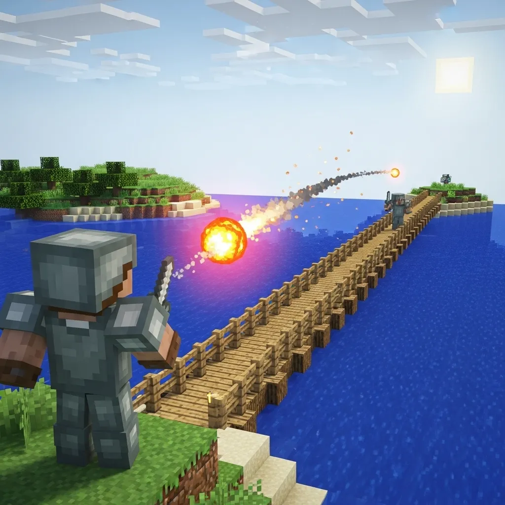 Minecraft Bedwars player firing a fireball at a shallow angle towards an enemy on a bridge