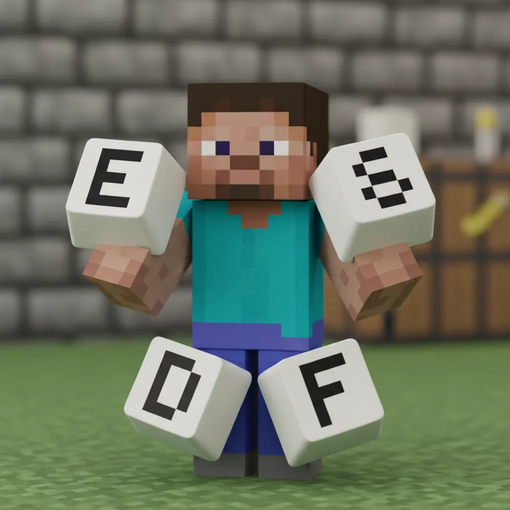 minecraft Charachter Holding E, S, D, F keycaps