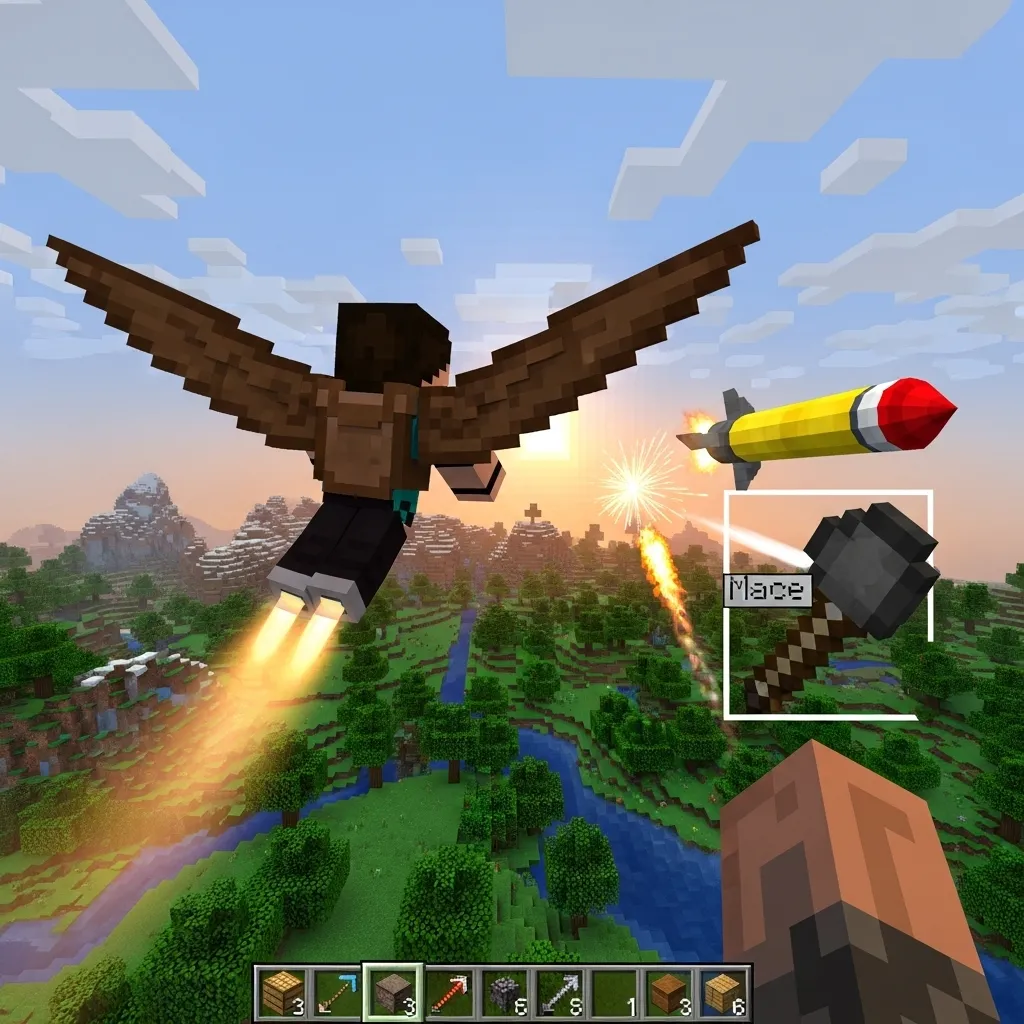 Minecraft character flying high with an Elytra, quickly swapping a firework rocket for the Mace in their hotbar.