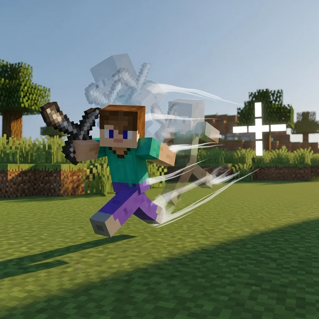 Minecraft character quickly changing direction mid-strafe, leaving opponent's crosshair behind