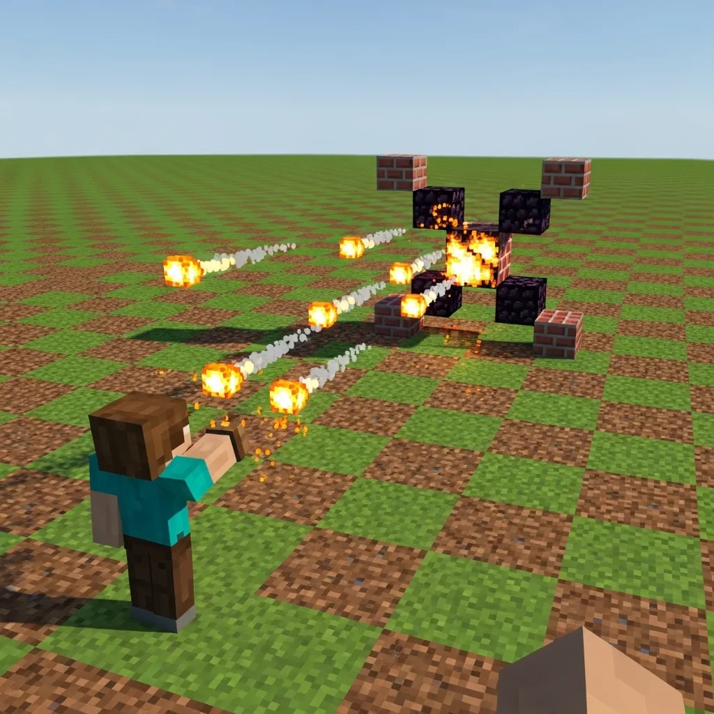 Minecraft player practicing flat fireballing on a stationary target