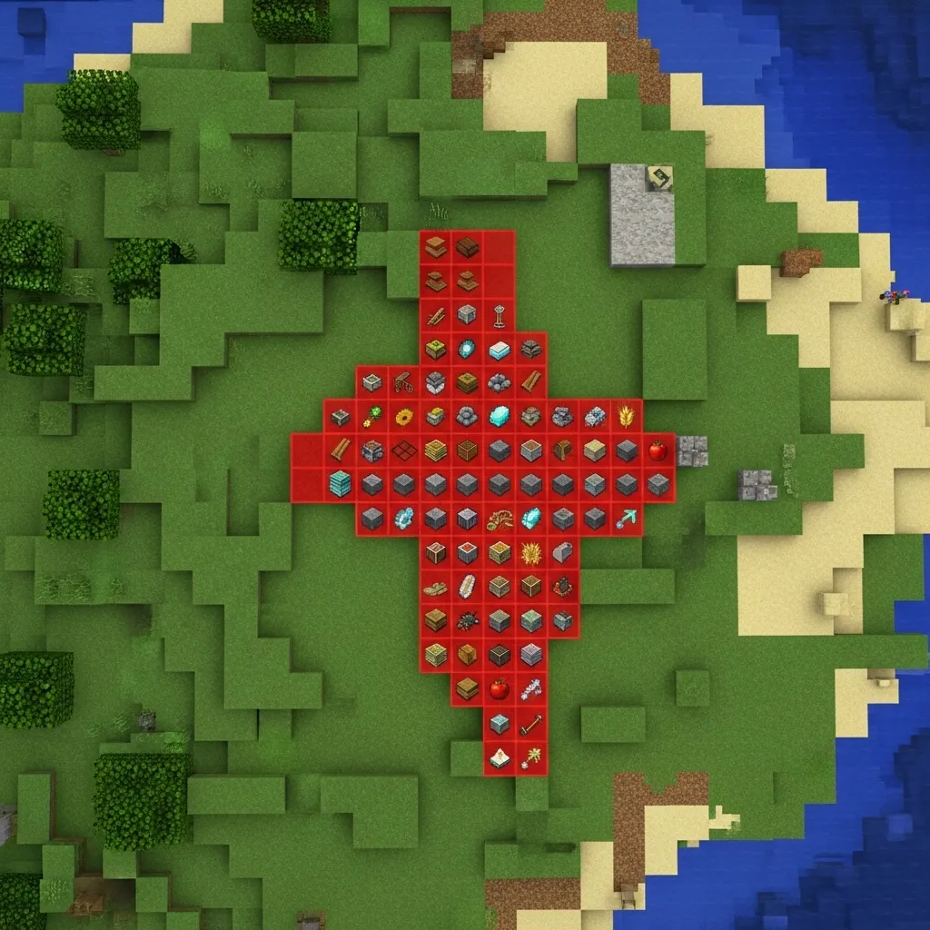 Overhead map view highlighting a single 16x16 chunk in red with hundreds of tiny item stacks inside it, minecraft