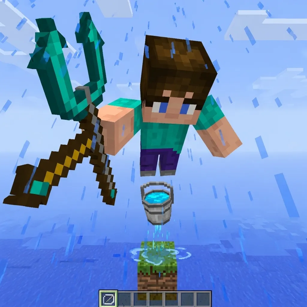 Player using a trident with Riptide to launch vertically while placing a water bucket on the ground below them
