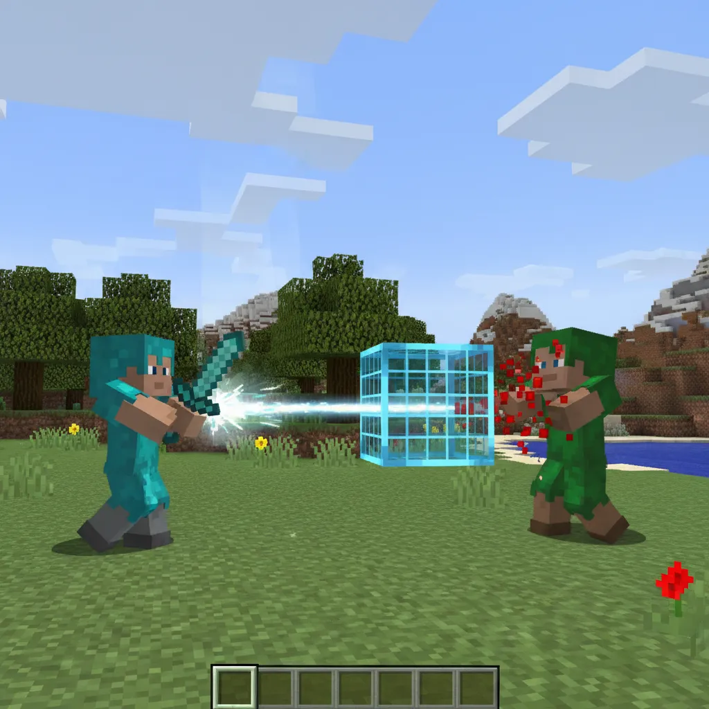 Two Minecraft players, one hitting the other, with a clear visual representation of a 3-block distance between them.