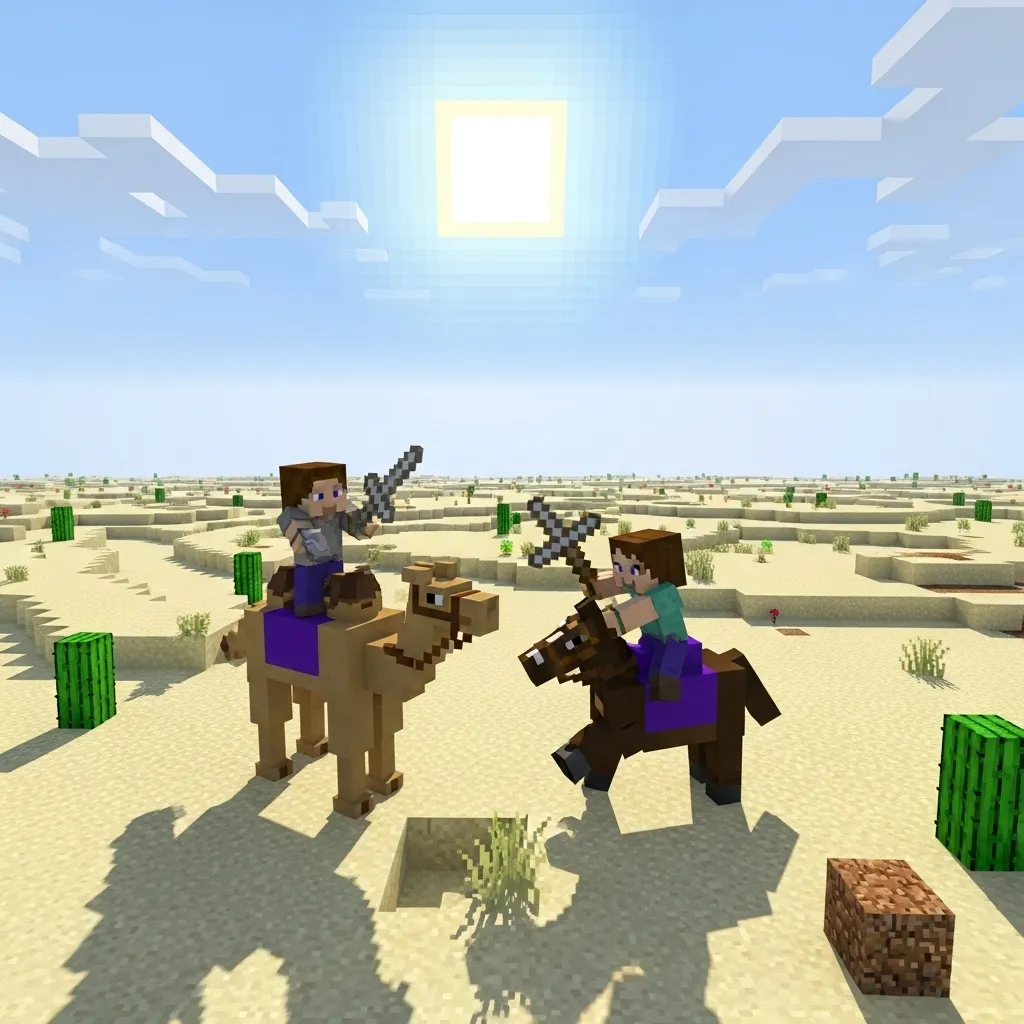 Two players mounted on a camel fighting a player on a horse in a flat desert environment. Minecraft