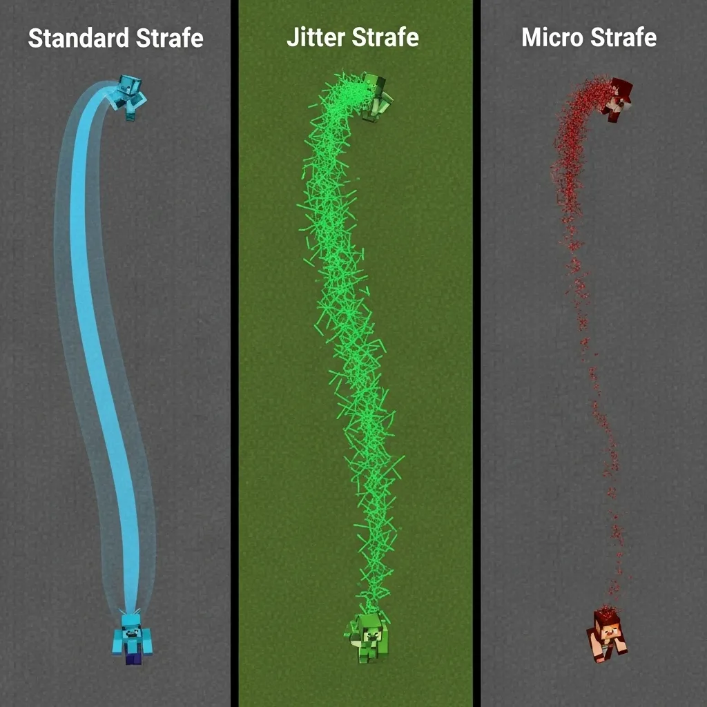 Visual comparison graphic showing a wide Standard Strafe path, a chaotic Jitter Strafe path, and a tiny, centered Micro Strafe path. Minecraft