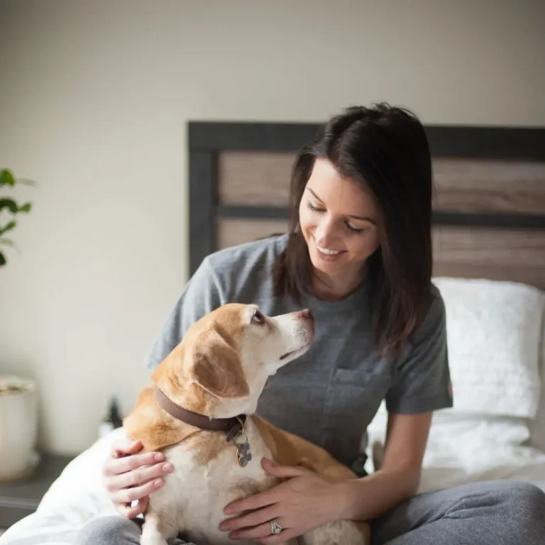 A volunteer sitting quietly with a rescue dog in a peaceful shelter environment, demonstrating a low-stress role for those with social anxiety.