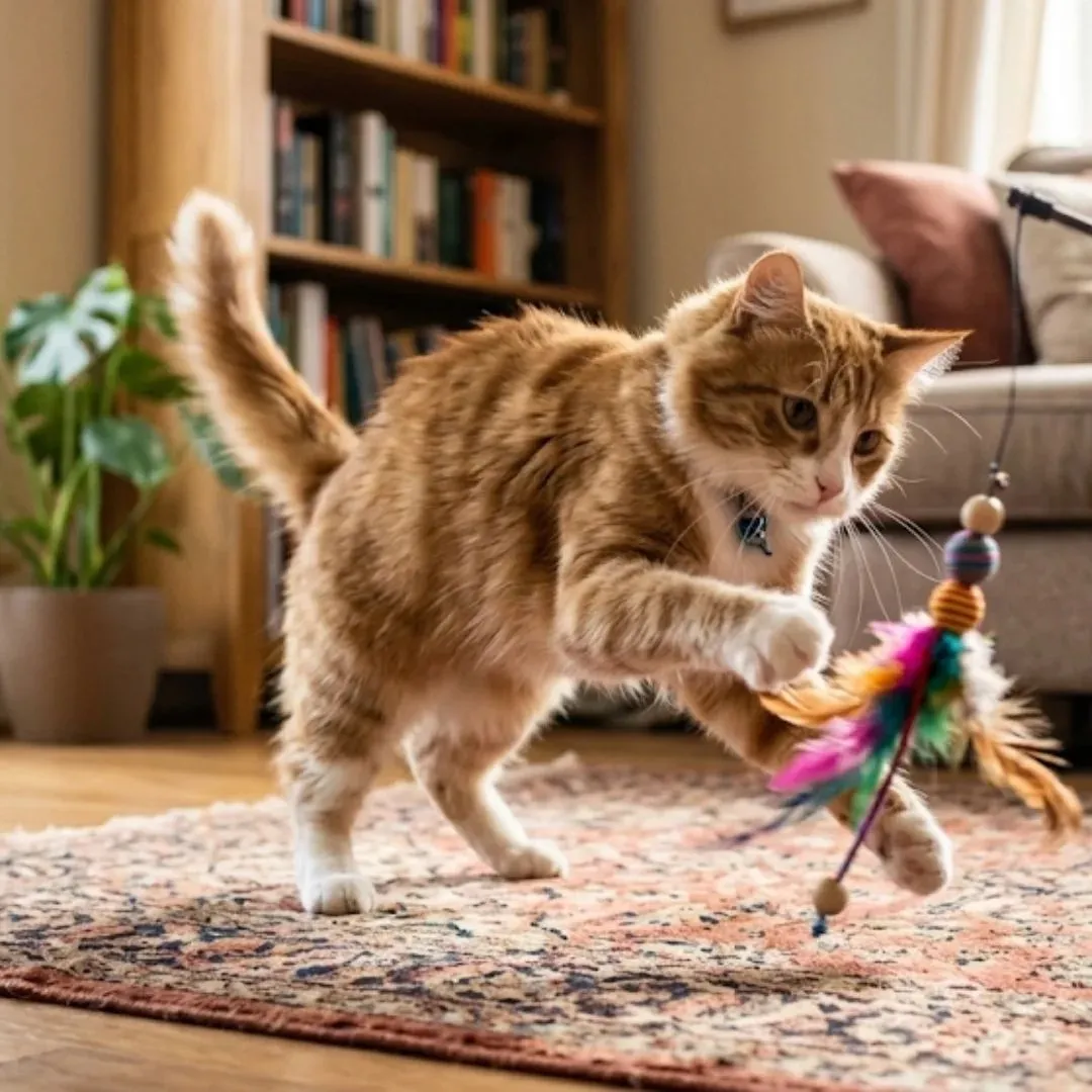 Shelter cat playing with feather toy Orange rescue cat reaching for a feather toy during a quiet enrichment session