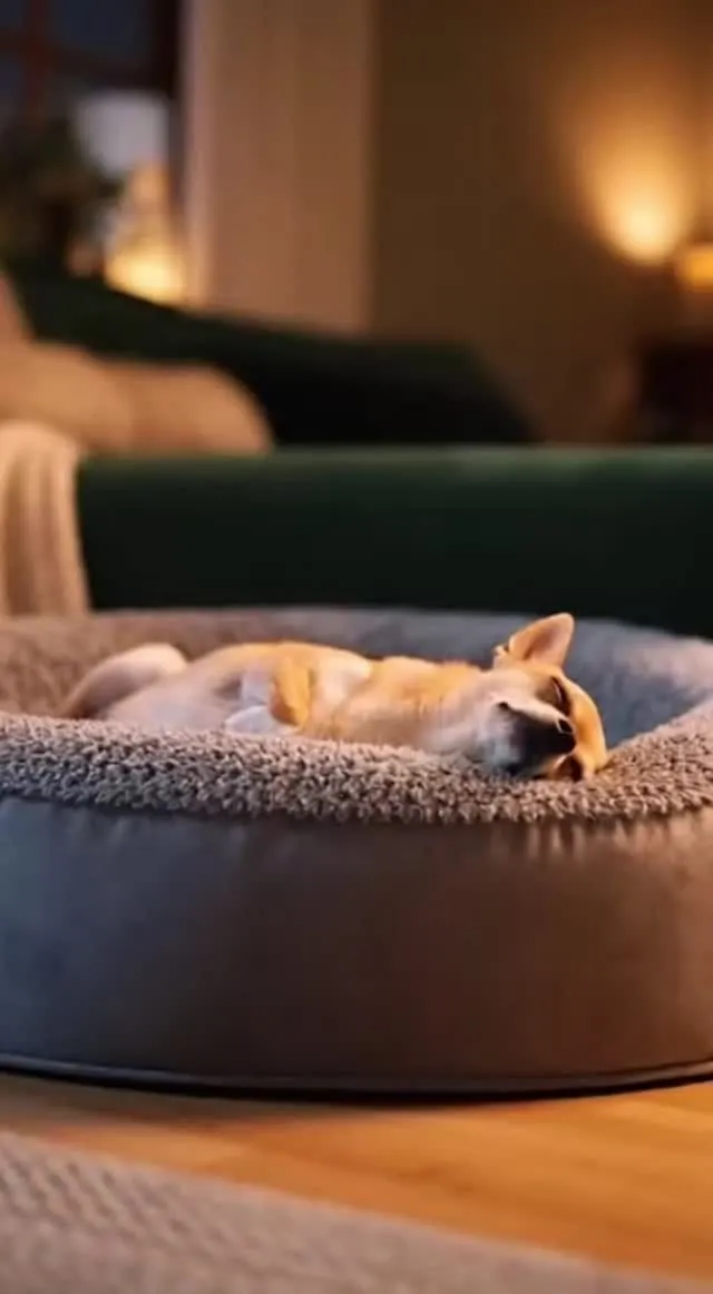 A rescue dog sleeping peacefully on a comfortable bed indoors
