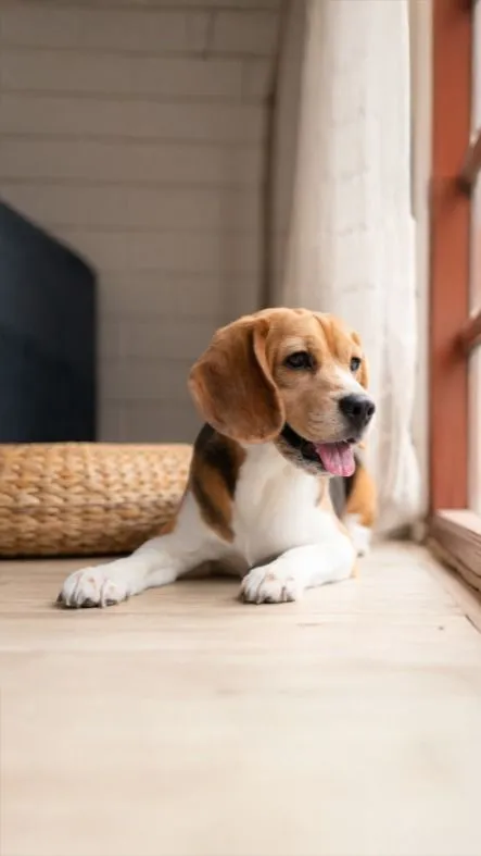 A senior beagle foster dog sitting calmly, representing an ideal foster for a person who works full time.