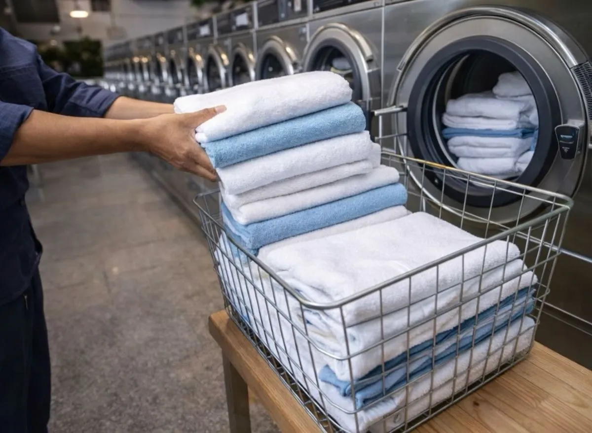 Shelter volunteer cleaning supplies and utility cart Clean stainless steel bowls and folded blankets ready for animal shelter use