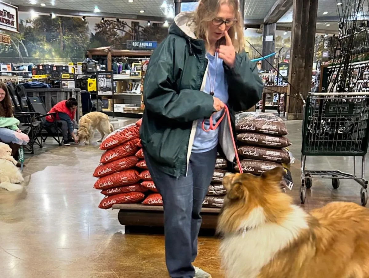 A volunteer wearing a breathable and stain-resistant t-shirt while interacting with a shelter dog