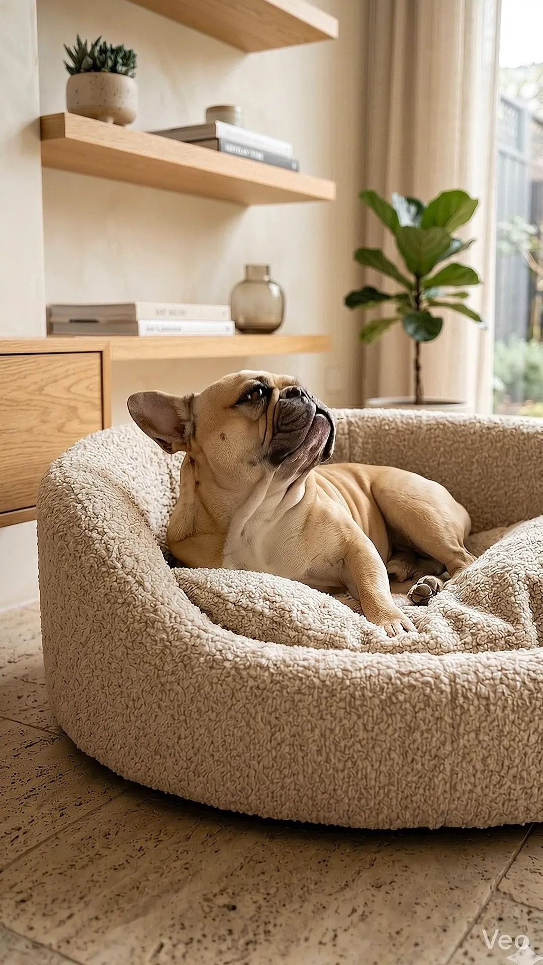 Cozy Dog Bed Setup For Work Days A clean and cozy living room corner featuring a comfortable dog bed prepared for a foster dog to relax during the day.