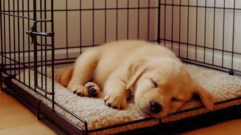 A calm foster dog resting on soft blankets in a cozy dog crate during heartworm treatment recovery.
