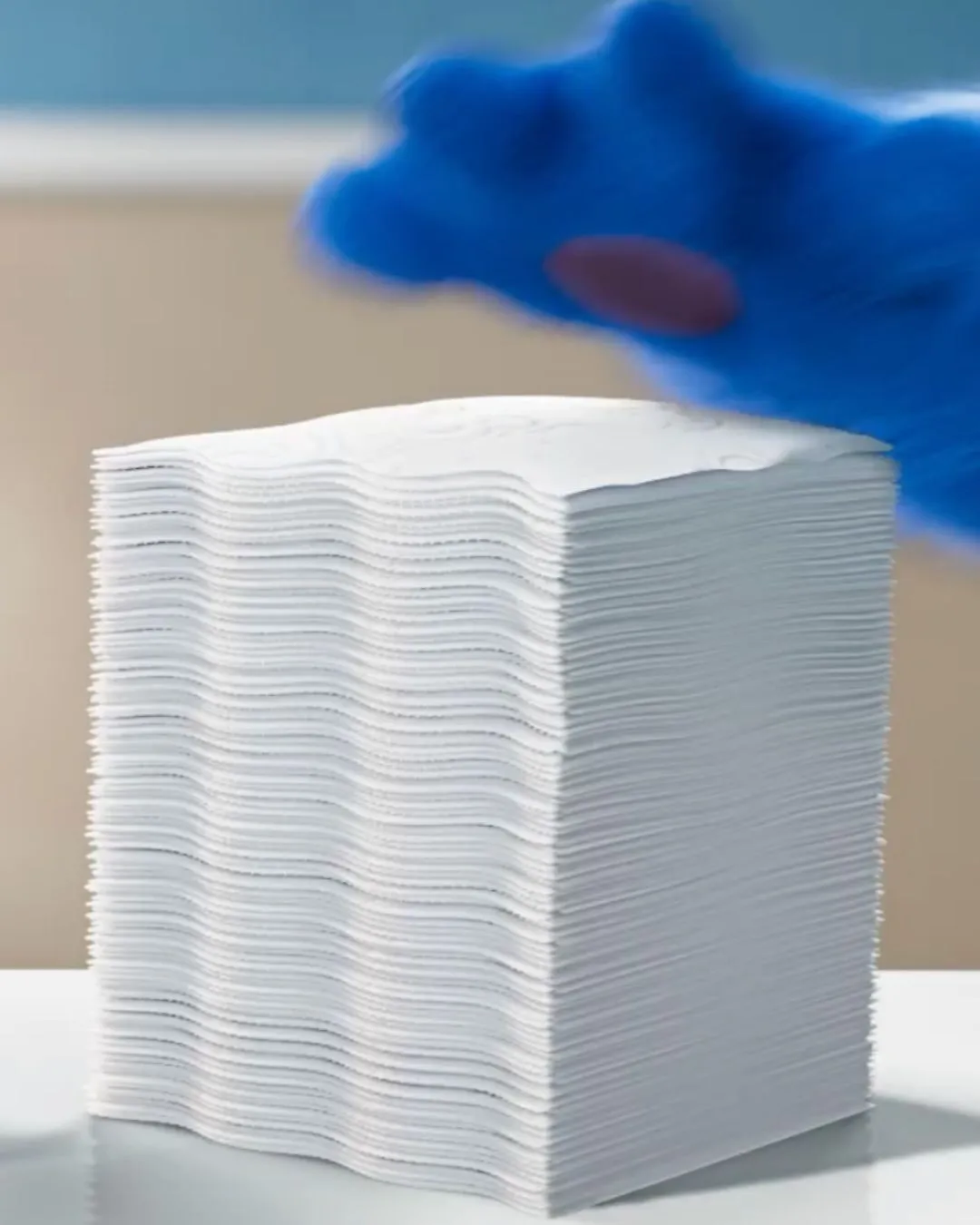 Veterinary Gloves and Clean Pads Hands wearing blue disposable gloves preparing a clean absorbent pad for a foster animal.