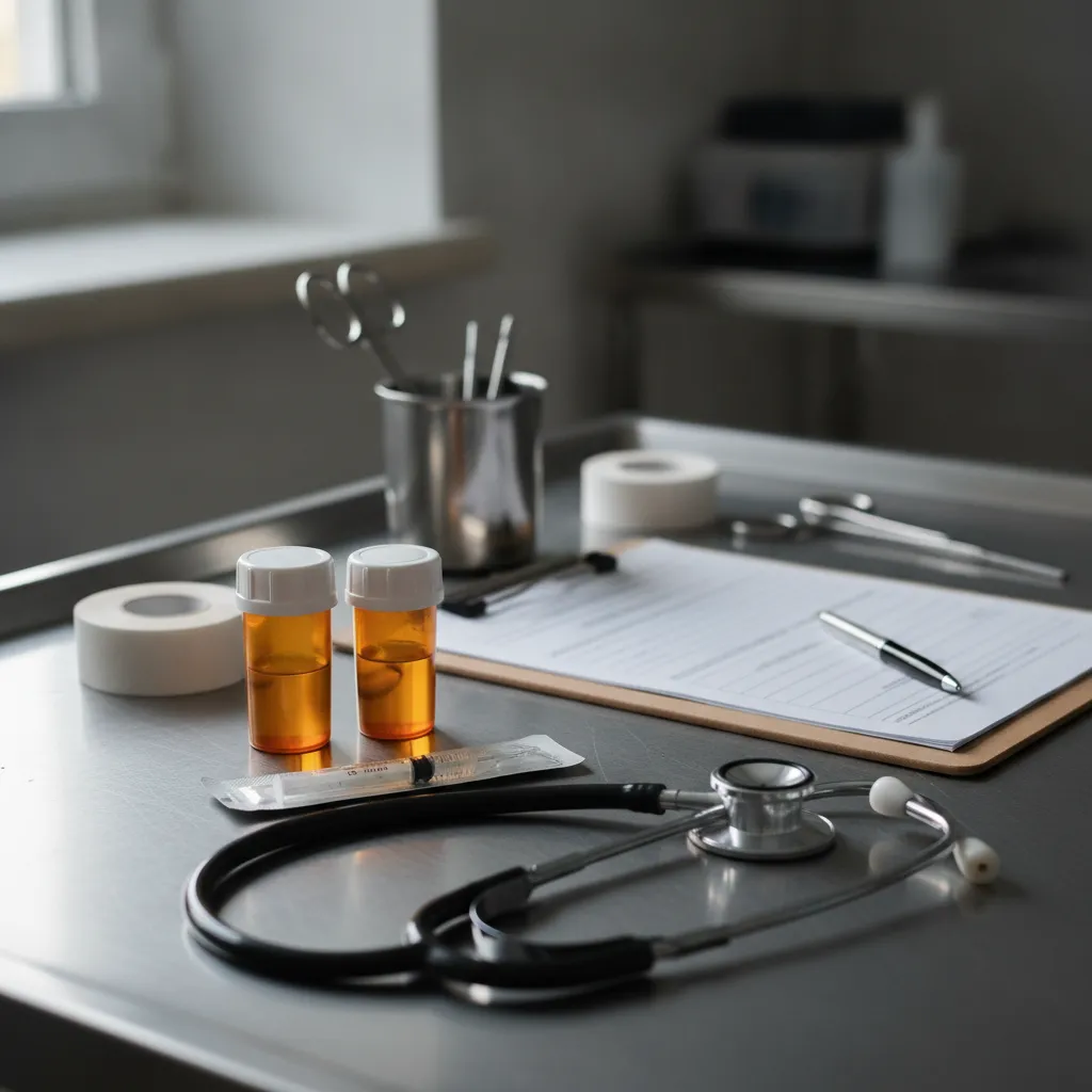 Veterinary Medical Supplies and Documentation Veterinary stethoscope and medical supplies on a clean clinic table